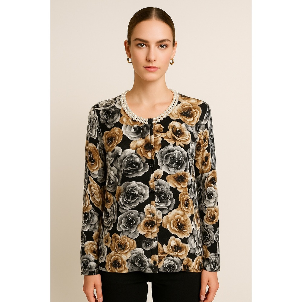 Women Floral Pearl Embellished Cardigan Sweater Button Front Black Gold Gray XL